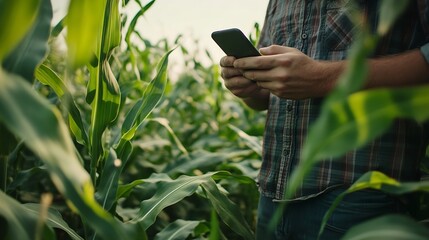 Aufkleber - Agriculture or Farmer with mobile phone in growing green corn fields : Generative AI