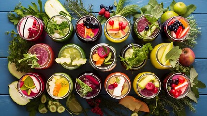 Top view of detox drinks in jars with fruits, vegetables, herbs, berries and greenery near fruit ingredients on wooden blue surface