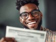 © Chaiwit - Happy individual holding paycheck, smiling broadly with glasses. joyful expression reflects satisfaction and achievement.