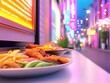 © Mykhailo Podolian - Delicious street food delights showcasing vibrant colors at a neon-lit alleyway at night