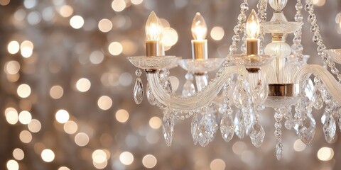 Poster - A close-up of a crystal chandelier with illuminated candles, set against a soft, blurred bokeh background in white and champagne gold