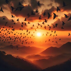 Wall Mural - birds at sunset outdoors horizon nature.