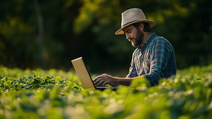Aufkleber - Enhancing Crop Productivity Farmer Analyzing and Optimizing Smart Farming Techniques on Laptop : Generative AI