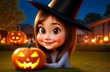 A girl with a Halloween pumpkin at the holiday, lights around, children looking for sweets. Night