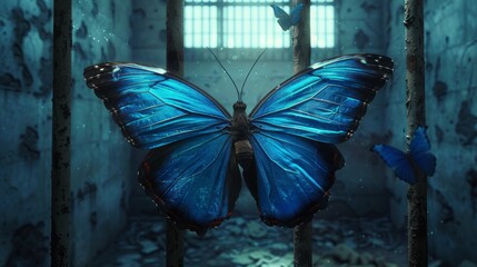 The peaceful presence of a blue butterfly amidst the chaos of the prison cell