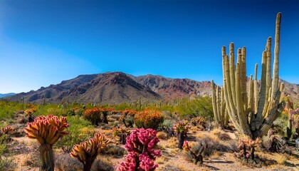 Wall Mural - vibrant desert landscape featuring cacti colorful mountains and a clear blue sky perfect for nature and travel themes