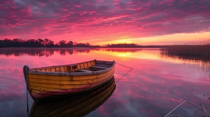 Wall Mural - A wooden boat on the lake, its reflection mixes with the pink and purple shades of the sunset sky. Water and sky create a beautiful and soothing landscape