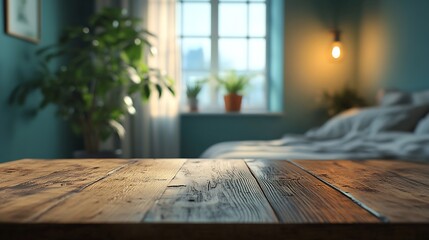 Poster - Empty wooden desk on blurred bedroom for product presentation : Generative AI