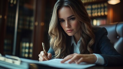 Aufkleber - American woman is legal litigation attorney Female lawyer is in a law firm drafting contracts and reading client case details to study and find a solution to win the case Lawyer and ju : Generative AI