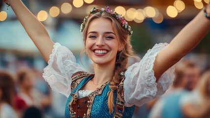 Wall Mural - Smiling young woman in traditional dirndl attire and floral wreath raises her arms at oktoberfest celebration