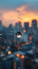 Wall Mural - Cascading water droplets on glass window reflecting city skyline in tranquil urban scene