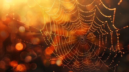 A mystical web decorated with dew drops creates an atmosphere of real Halloween