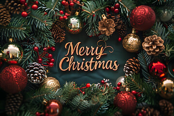 Wall Mural - Christmas holiday greeting card on background with decorations.