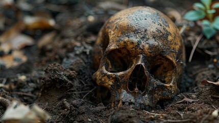 A grave with a dark bottom, where the skull rests, captivates the eye with its gloomy atmosphere. The depth and silence of this place embody mystery and death