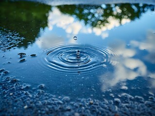 Wall Mural - Water Drop Creating Ripple Effect in Serene Puddle with Cloudy Sky Reflection