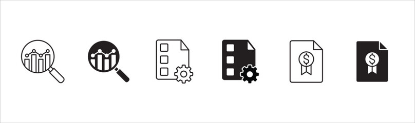 Business icon set. Contains icon or symbol of document, option, plan, strategy, profit, market research. Vector illustration in thin line and flat solid design.