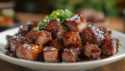 Delicious cubes of glazed pork belly garnished with green onions, served on a plate. Perfect for food lovers and culinary enthusiasts.