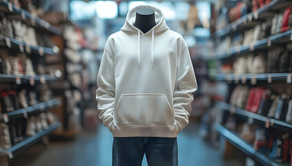 A stylish white hoodie displayed on a mannequin in a vibrant retail store, perfect for fashion and apparel photography.