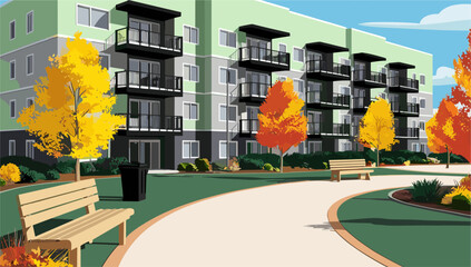 Autumn city landscape with modern building, path, benches, trees with orange and yellow leaves. Vector flat colorful illustration for seasonal background, banner.