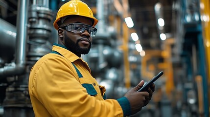 Leinwandbilder - Expert African Americans are skilled in factory maintenance engineers Mechanical engineering using a tablet to discuss the factorys black background mechanical work : Generative AI