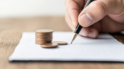 Hand with pen writing on a checkbook, coins for payment