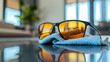 © Earny - Stylish sunglasses resting on a cleaning cloth, showcasing a modern design and vibrant lens colors against a cozy interior.