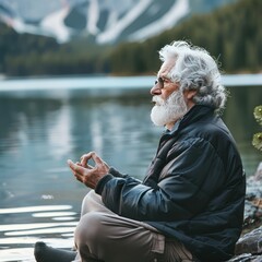 Wall Mural - Senior Man Meditating by the Lake