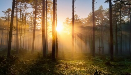 Wall Mural - sunrise in a foggy forest with bright sun shining through the trees