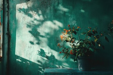 Sticker - A potted plant with orange flowers and green leaves against a teal wall with shadows.