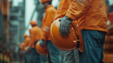 Poster - Team engineer holding helmet standing in row on site work banner cover design : Generative AI