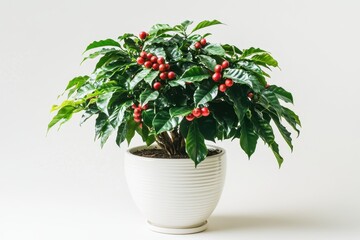 Wall Mural - A potted coffee plant with red cherries, showcasing lush green leaves and vibrant fruits.