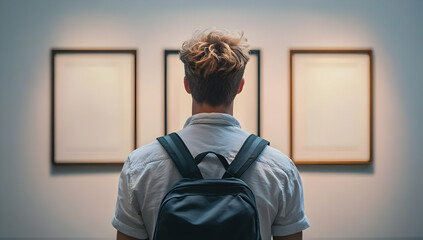 A person studies artwork in a modern gallery, reflecting on creativity and inspiration while surrounded by blank frames.