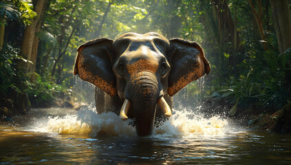 A majestic elephant emerges from the water, surrounded by lush greenery in a vibrant jungle setting.