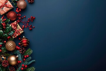 Wall Mural - Elegant Christmas background with Christmas tree, a gift box, and a Christmas ball, all arranged festively on dark blue background. Xmas card, Christmas background, Xmas greeting