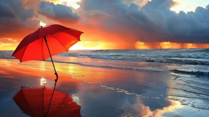 Sticker - A red umbrella on the beach