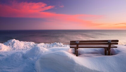 Poster - a bench sitting on top of a pile of snow next to the ocean with a pink sky in the background