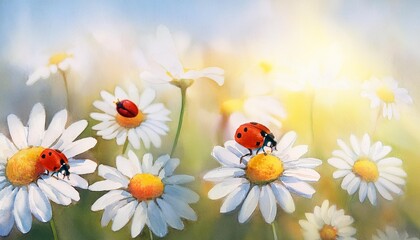 Wall Mural - tranquil watercolor painting depicting ladybugs on daisies in a sun drenched meadow with a hazy background