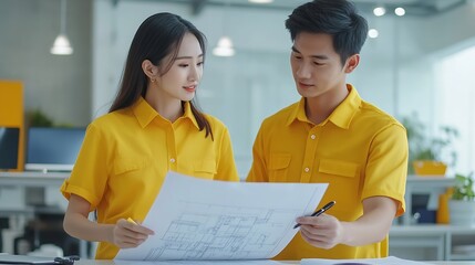 Poster - Two Asian professional engineers are discussing construction blueprints wearing yellow shirts doing big work and discussing large white plan paper on the table in the office : Generative AI