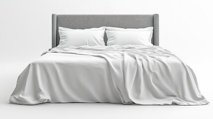 Poster - Closeup front view on white fabric Bed classic with white blanket fabric modern contemporary isolate on white background : Generative AI
