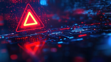 Blurred background of a computer network with a red warning sign indicating a cyber security breach