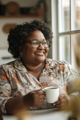 Wall Mural - A woman with glasses is smiling and holding a cup of coffee. She is sitting at a table and looking out the window