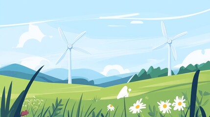 Wall Mural - Wind Turbines in a Lush Green Landscape Beneath a Clear Blue Sky. Renewable Energy and Sustainable Power from Wind Farm with Eco-Friendly Technology and Environmental Conservation Focus.