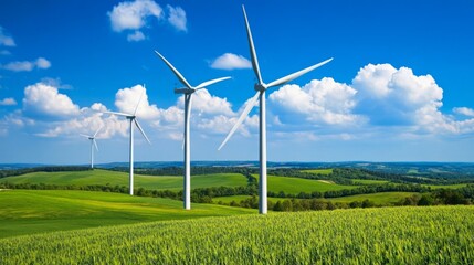 Wind Turbines in a Lush Green Landscape Beneath a Clear Blue Sky. Renewable Energy and Sustainable Power from Wind Farm with Eco-Friendly Technology and Environmental Conservation Focus.