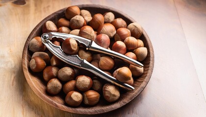 Wall Mural - wooden plate full of hazelnuts with silver nutcracker food photography