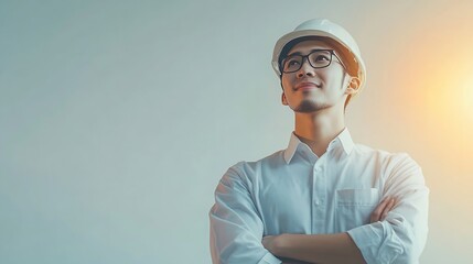 Poster - Asian male engineer or architect with a white helmet on a white background standing in a photo studio Asian workers work on building projects happy smiling worker : Generative AI