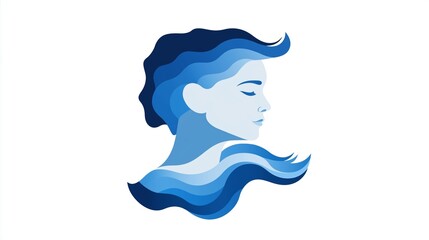 Wall Mural - A simple vector logo depicting a stylized profile of a woman with flowing blue hair on a white background, symbolizing mental health