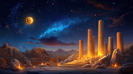 Wall Mural - Ancient ruins, glowing hieroglyphs