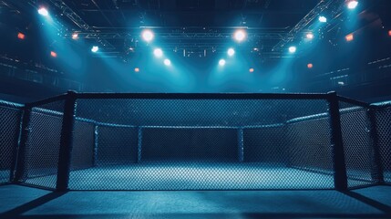 The octagon cage stands empty under bright arena lights, the quietude of the mixed martial arts arena evoking a sense of anticipation.