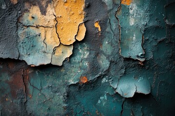 Sticker - Close-up of Cracked and Peeling Teal, Yellow, and Brown Paint on a Metal Surface