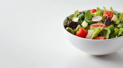 A bowl of fresh salad with greens and vegetables, with space for text on a clean background.